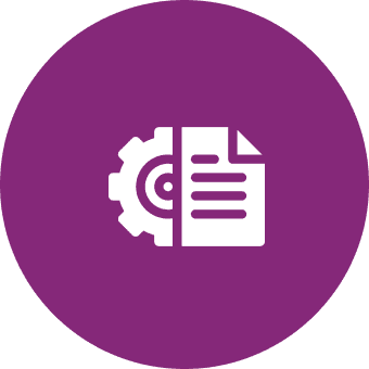 Document and gear icon on purple background.